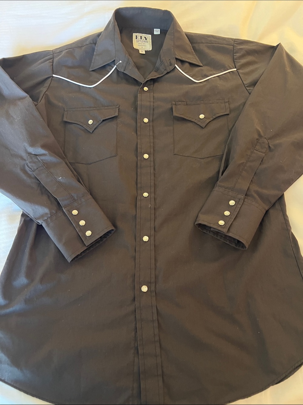 Ely Cattleman Dark Brown Western Snap Shirt with White Piping